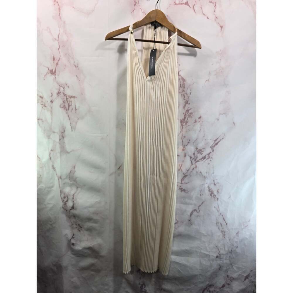 BCBG Dress Womens XS Cream Pleated Greek Roman Metal Neck Ring Goddesss